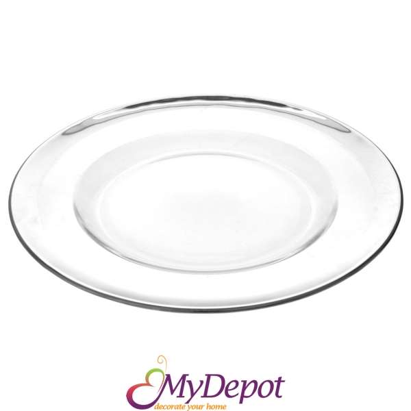 Стъклена чиния прозрачна със сребърен кант, Ф 33 см