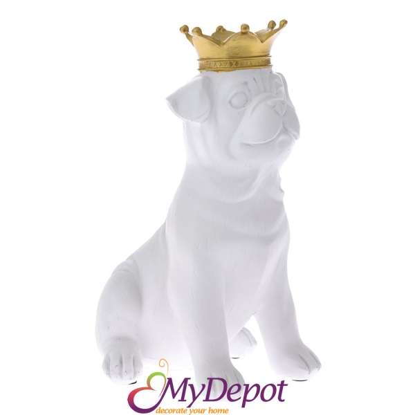 Статуетка бял Френски Булдог с корона от полирезин. 16х14х24 см