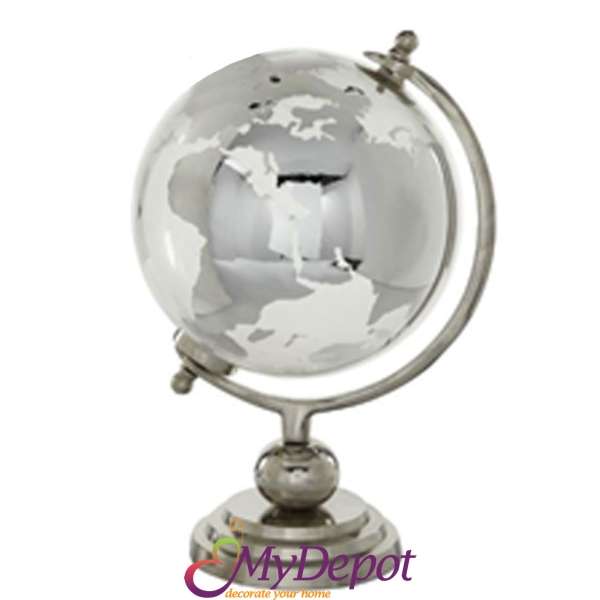 Стъклен глобус със сребърна метална основа. Размер: Ф 20 см