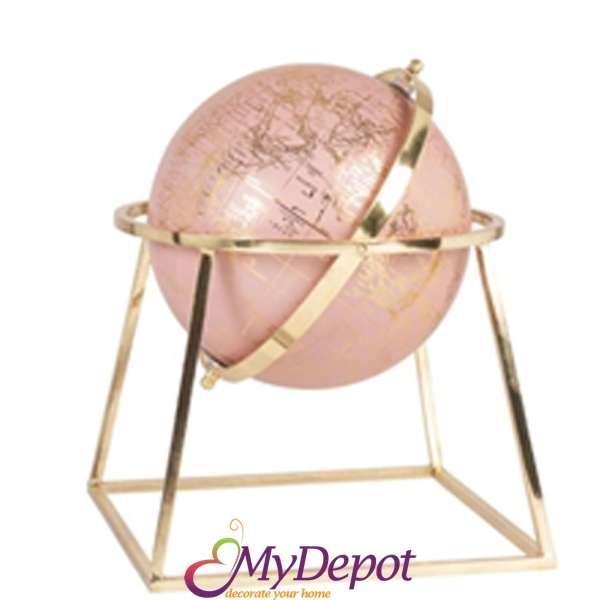 Розов глобус върху метална златна основа. Размер: Ф 18х28 см