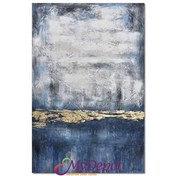 Картина с маслени бои върху канаваца с рамка, абстракция-синьо, бяло и златно.Размер: 102х152 см