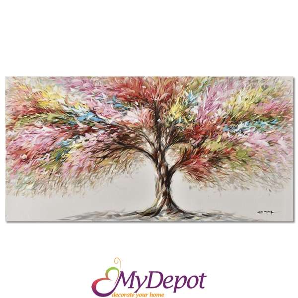 Картина с маслени бои върху канаваца с рамка, дърво с разницветни листа.Размер: 142х72 см