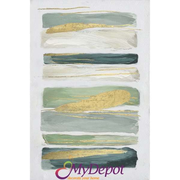 Картина с маслени бои върху канаваца, абстракция в синьо, златно и зелено. Размер: 102х152 см