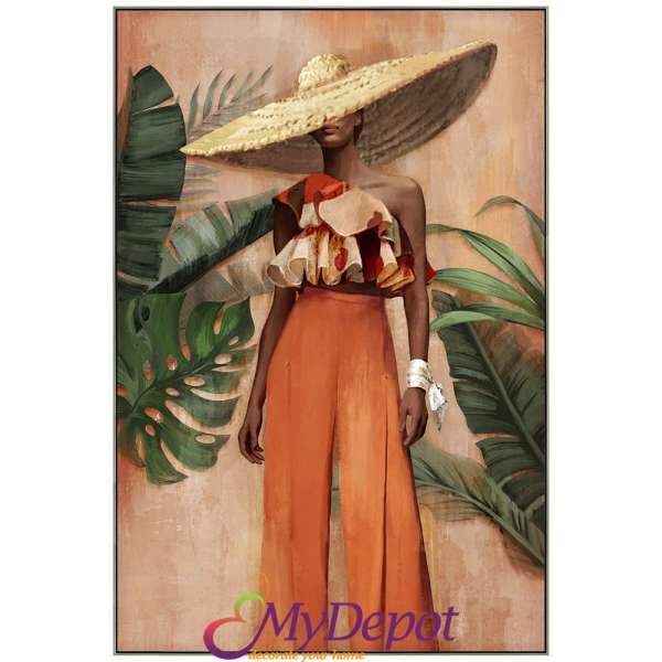 Картина с маслени бои върху канаваца с рамка, жена с шапка. Размер: 82х122 см