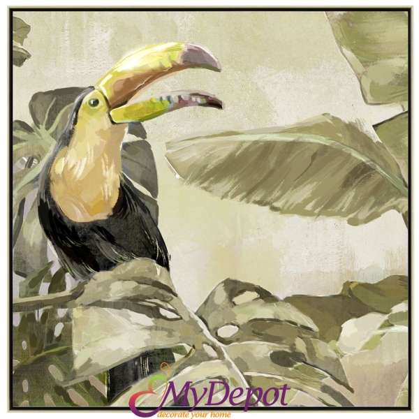 Картина с маслени бои върху канаваца с рамка, тукан в джунглата. Размер: 62х62 см