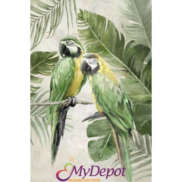 Картина с маслени бои върху канаваца с рамка, зелени папагали. Размер: 62х92 см
