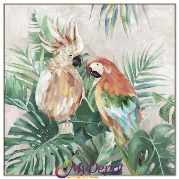 Картина с маслени бои върху канаваца с рамка,шарени папагали. Размер: 82х82 см