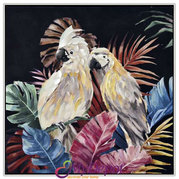 Картина с маслени бои върху канаваца с рамка, бели папагали. Размер: 82х82 см