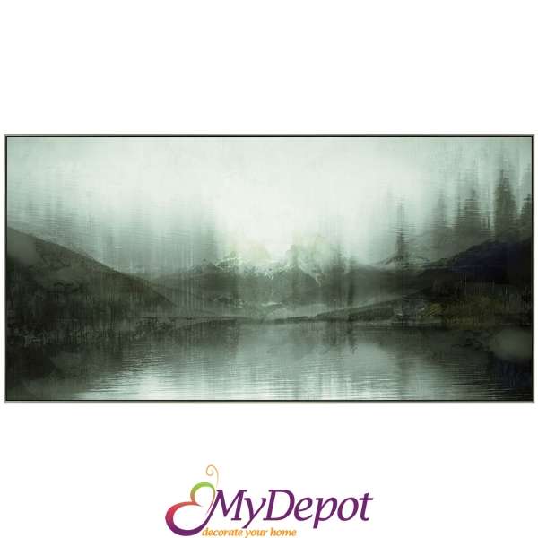 Картина с маслени бои върху канаваца с рамка,езеро в мъгла. Размер: 82х122 см