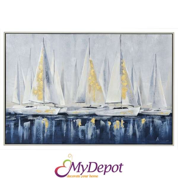 Картина с маслени бои върху канаваца с рамка, лодки. Размер: 82х122 см