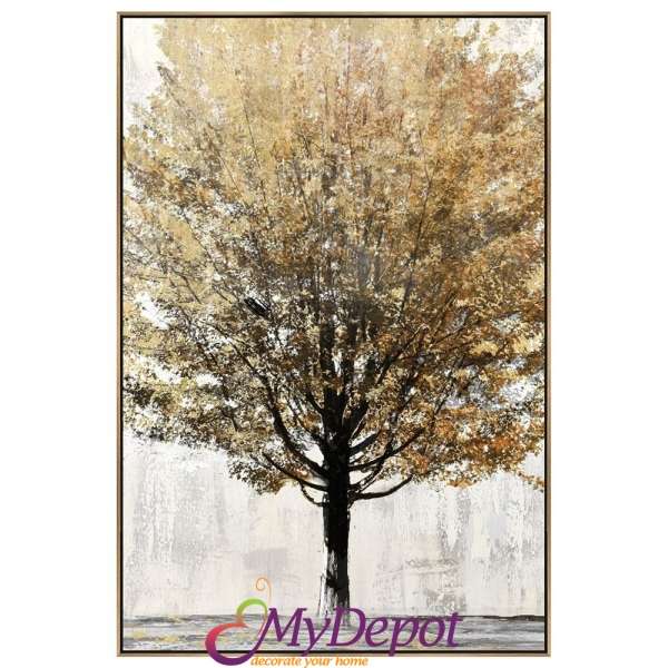 Картина с маслени бои върху канаваца с рамка, дърво със златни листа. Размер: 102х152 см