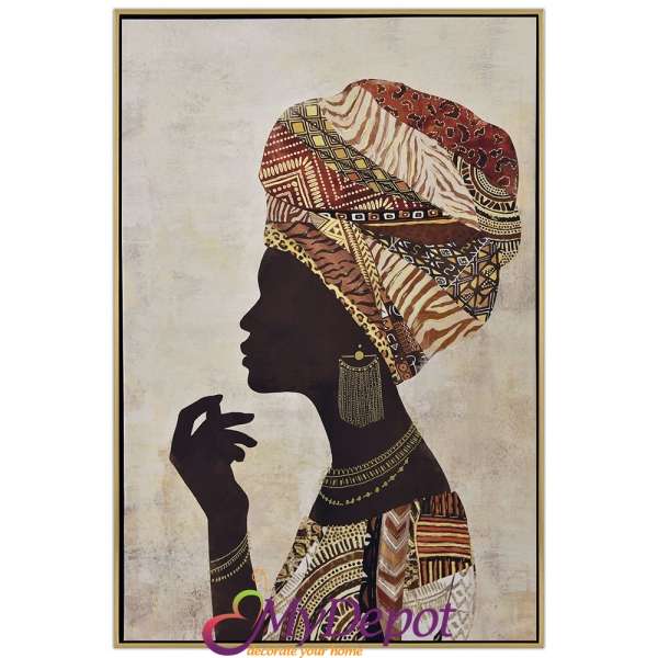 Картина принт върху канаваца с орнаменти от златно фолио с рамка, африканка 2. Размер: 82х122 см