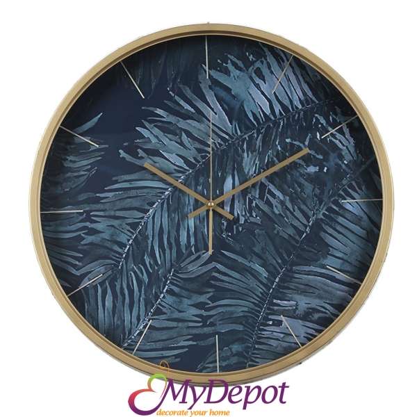 Стенен метален часовник със стъклен протектор-папратови листа в синьо. Размер: 50х50х6 см