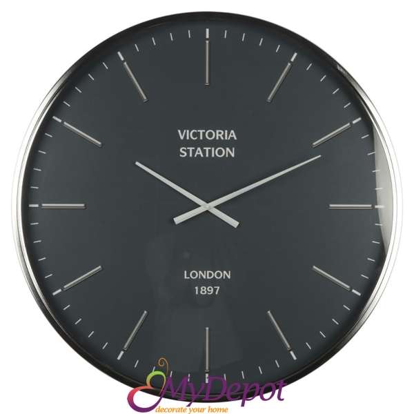 Стенен метален часовник със стъклен протектор-VICTORIA STATION. Размер: 76х76х6 см