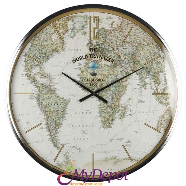 Стенен метален часовник със стъклен протектор-THE WORLD TRAVELLER. Размер: 76х76х6 см