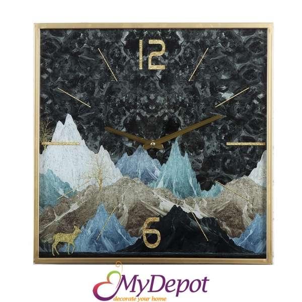 Стенен стъклен часовник с метална златна рамка-планински върхове. Размер: 41х41х5 см