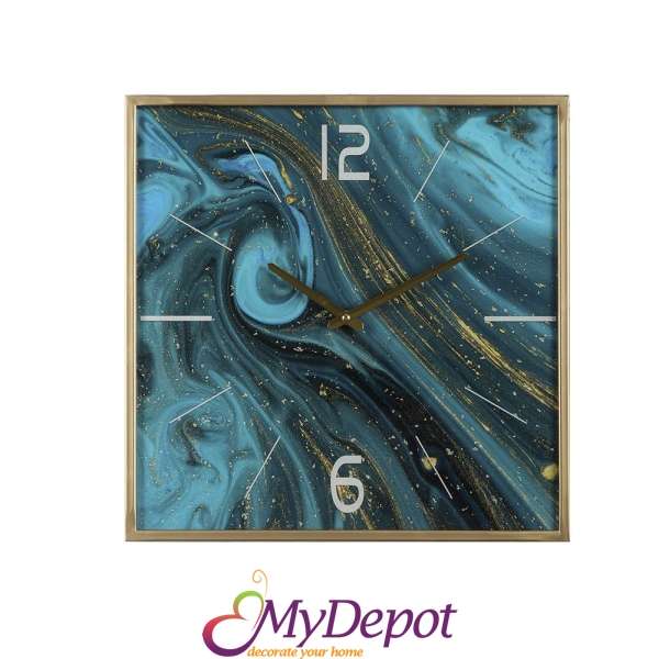 Стенен стъклен часовник с метална златна рамка- синя мъглявина. Размер: 41х41х5 см