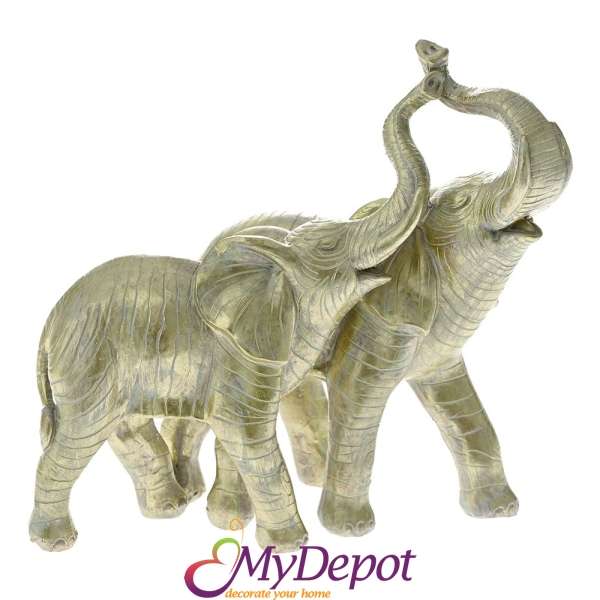Поли фигурка с месингов ефект- двойка слонове, 19х11х18,5 см