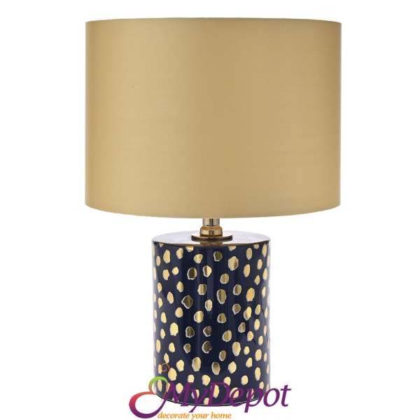 Нощна лампа с керамична златна основа и текстилен златен абажур, Ф 30х45 см