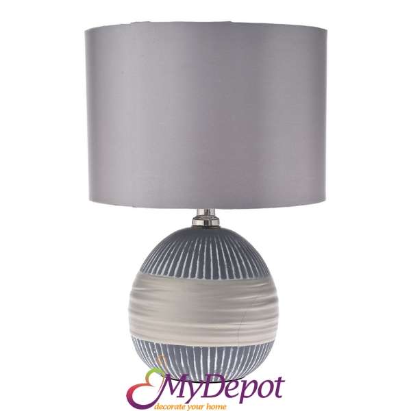 Нощна лампа с керамична основа и сив металик абажур, Ф 25х35 см