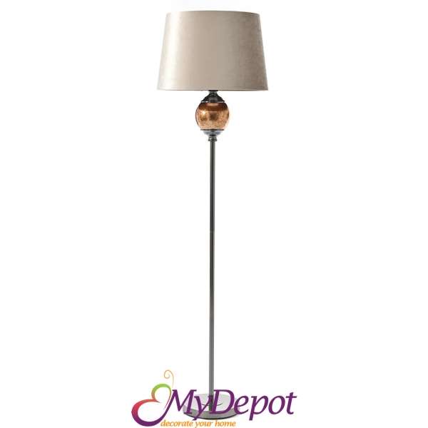 Висока лампа със стъклена основа и текстилен шампанско абажур, Ф 45х170 см