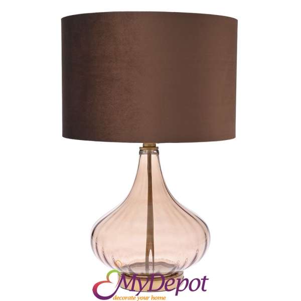 Нощна лампа със стъклена основа и текстилен меден абажур, Ф 38х60 см