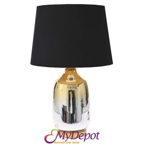 Нощна лампа със стъклена златна основа и текстилен черен абажур, Ф 40х65 см