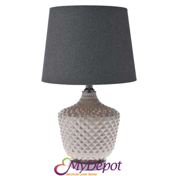 Нощна лампа със стъклена шампанско основа и текстилен сив абажур, Ф 38х65 см