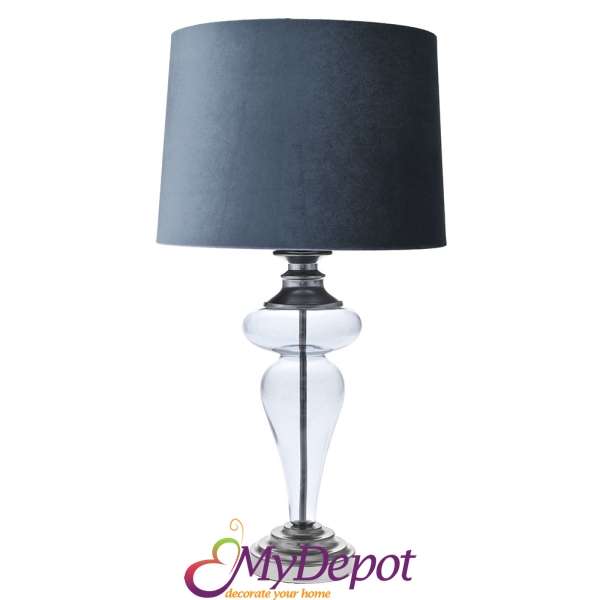 Нощна лампа със сива стъклена основа и текстилен абажур, Ф 35х68 см