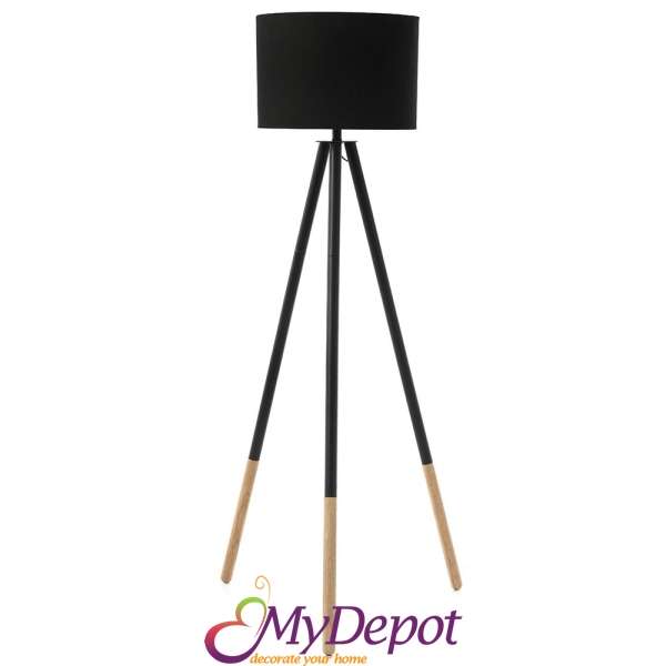 Висока деко лампа с метална основа триножник и черен абажур, Ф 40х126 см