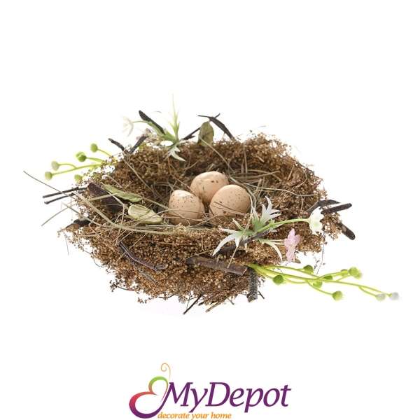 Плетено гнездо с яйца от микс зелени и натурални клонки, 13х13х6 см