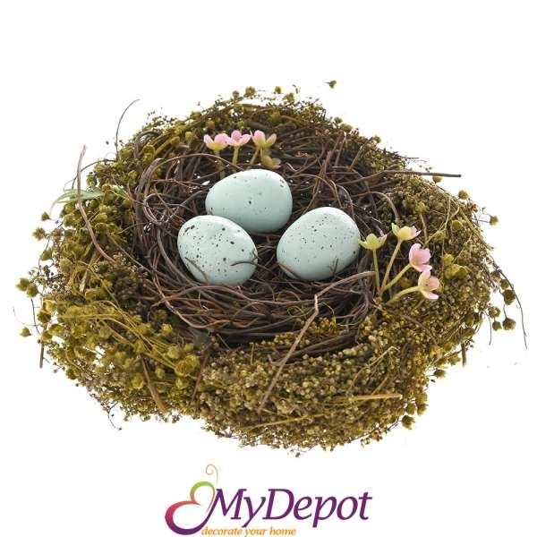 Плетено гнездо с яйца от микс зелени и натурални клонки, 14х14х7 см