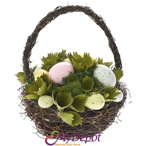 Плетена кошница с яйца от микс зелени и натурални клонки, 18х17х24 см