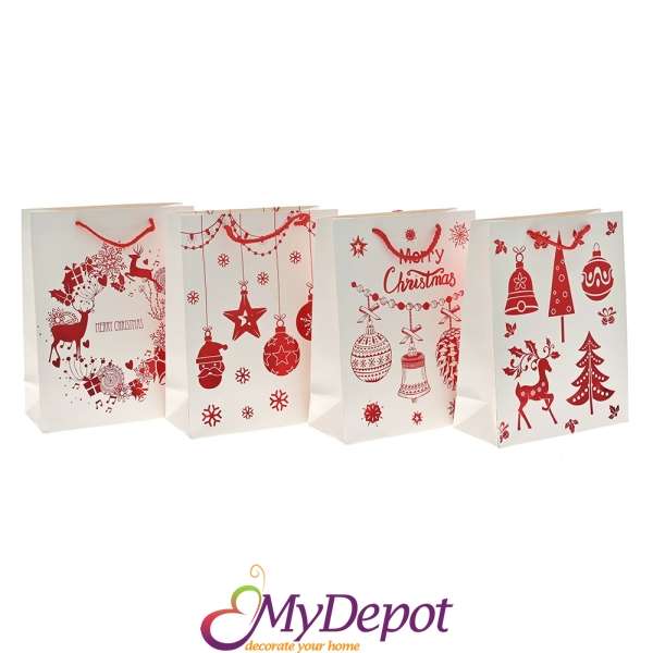 Коледна бяла подаръчна торбичка с червен принт, 18х8х23 см