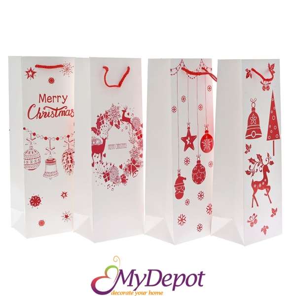 Коледна бяла подаръчна торбичка за бутилка с червен принт, 12х9х36 см