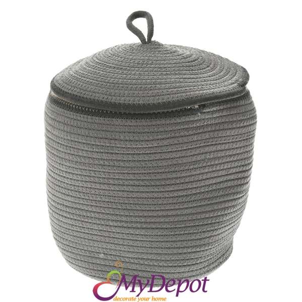 Плетен кош с капак от памучно сиво въже, Ф 35х29 см