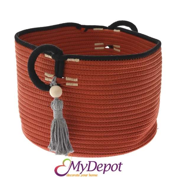 Плетен кош с дръжки от памучно керемидено червено въже, Ф 30х22 см