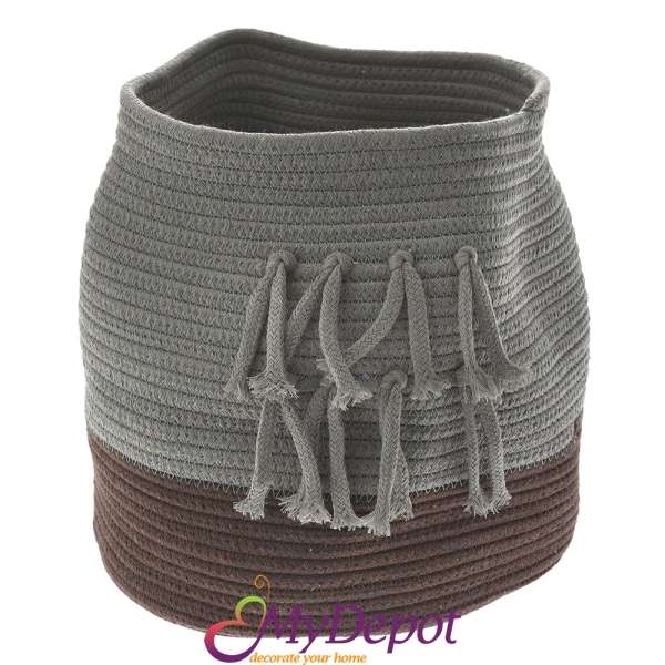Плетен кош от памучно въже в сиво и кафяво, Ф 24х29 см