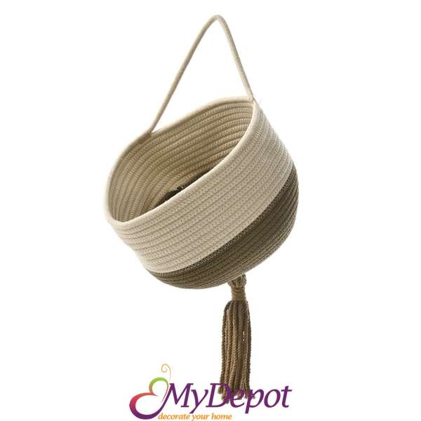Висяща плетена кошница от памучно въже в крем и кафяво, Ф 25х20 см