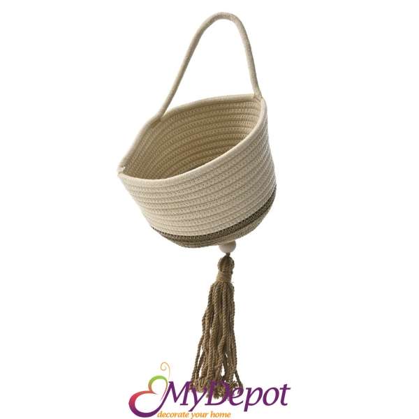 Висяща плетена кошница от памучно въже в крем и кафяво, Ф 18х16 см
