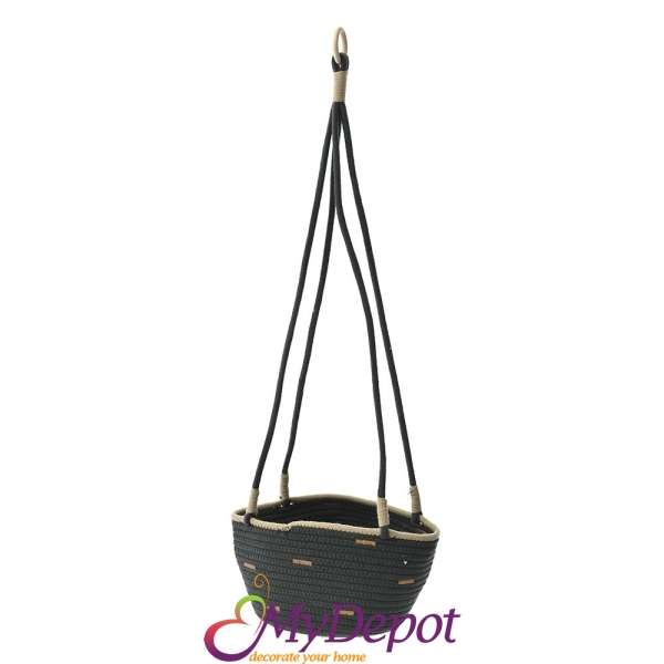 Висяща плетена кошница от памучно тъмно зелено въже, Ф 22х15/65 см