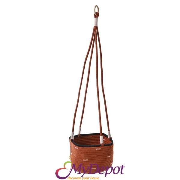 Висяща плетена кошница от памучно керемидено червено въже, Ф 22х15/65 см
