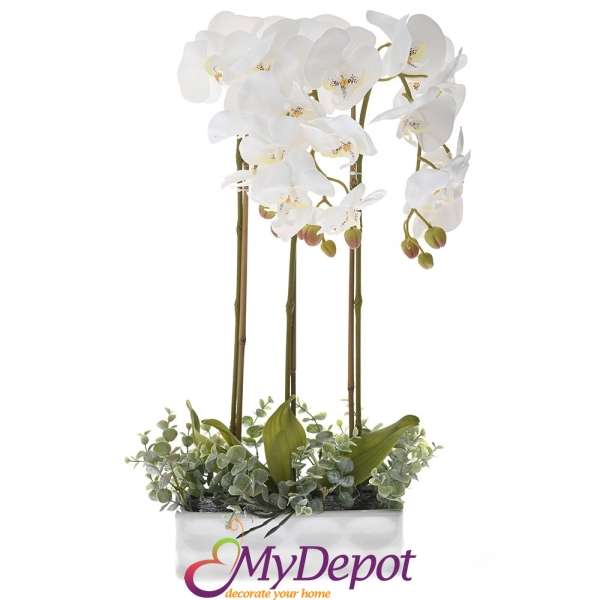 Изкуствена бяла орхидея с три цветоноса в керамична саксия, 62 см