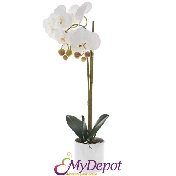 Изкуствена бяла орхидея в керамична саксия, 54 см