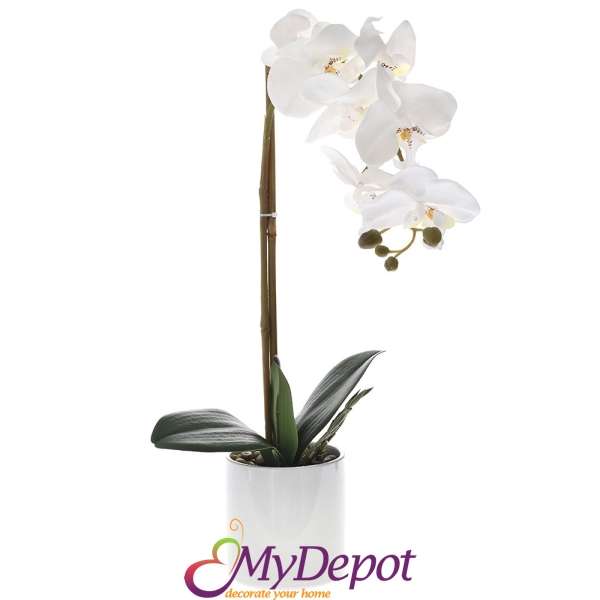 Изкуствена бяла орхидея в керамична саксия, 42 см