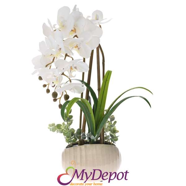 Изкуствена бяла орхидея с два цветоноса в керамична саксия, 44 см