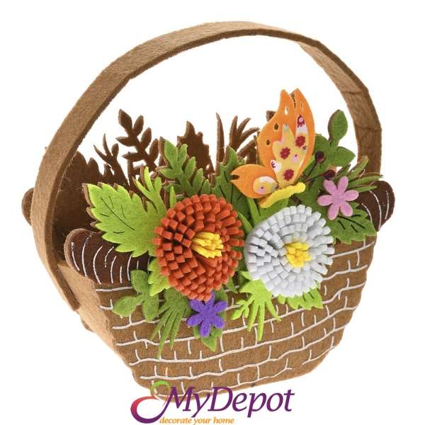 Кафява кошница с цветя от филц, 16х7х12+5 см