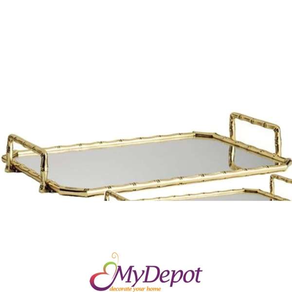 Метален златен поднос с огледална основа, 35х25х5 см