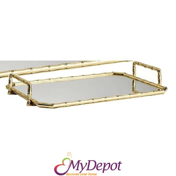 Метален златен поднос с огледална основа, 30х20х5 см