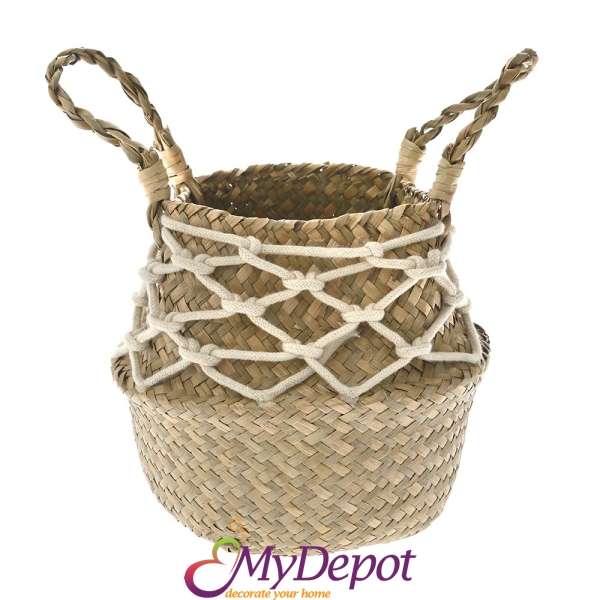 Плетена кашпа с дръжки от натурална ракита с декорация от памучно въже, 17 см 